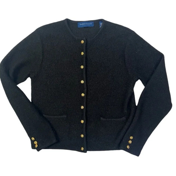 Karen Scott Cardigan Sweater Petite Medium Black 100% Pure Wool Classic Grandma - Picture 1 of 9